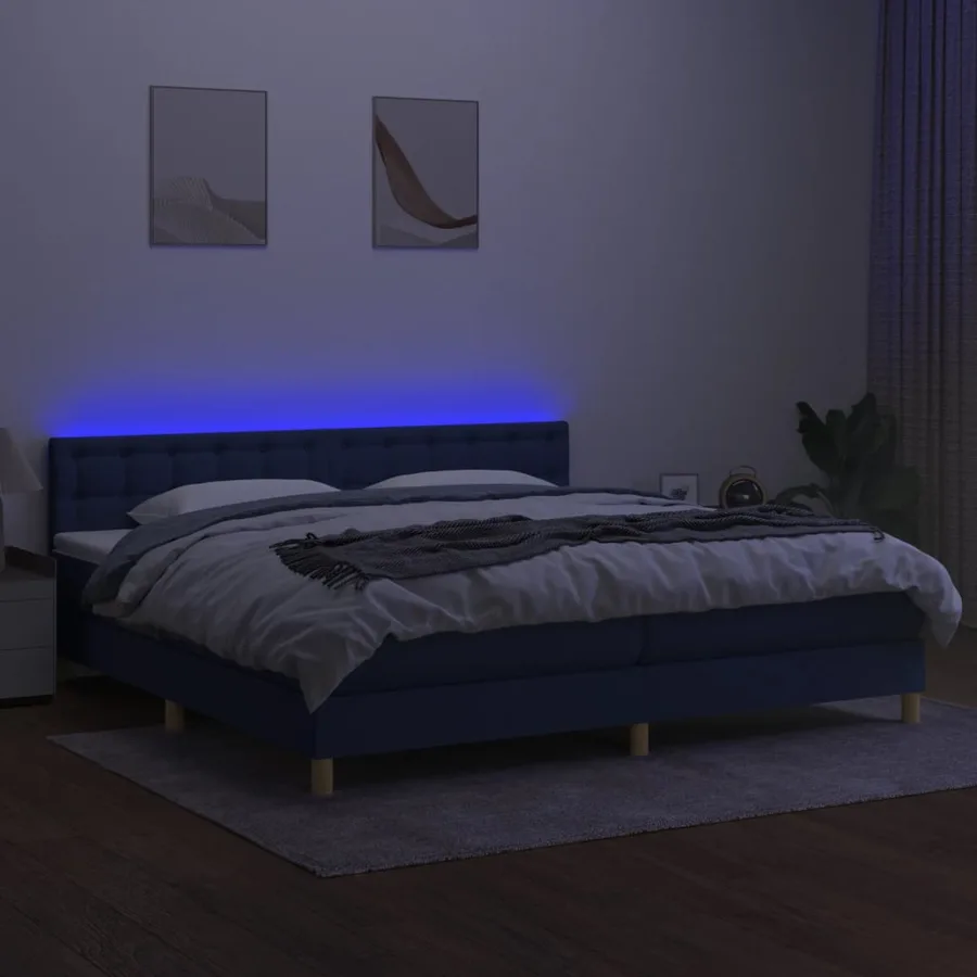 Sommier à lattes de lit et matelas et LED Bleu 200x200 cm Tissu - 4