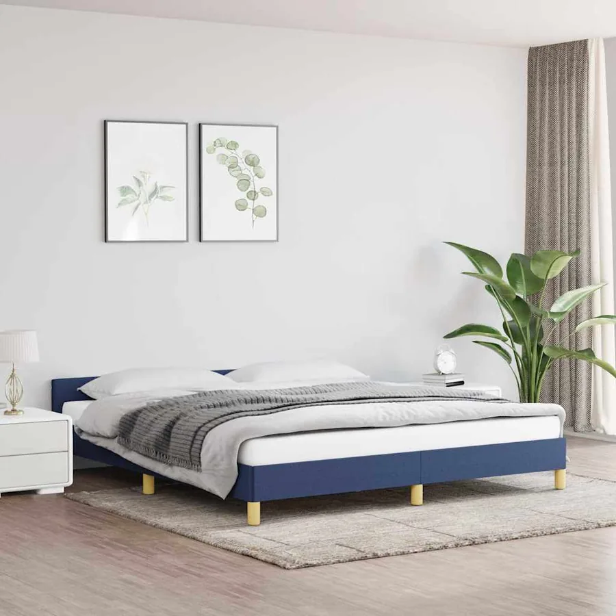 Cadre de lit avec tête de lit sans matelas bleu 160x200cm tissu