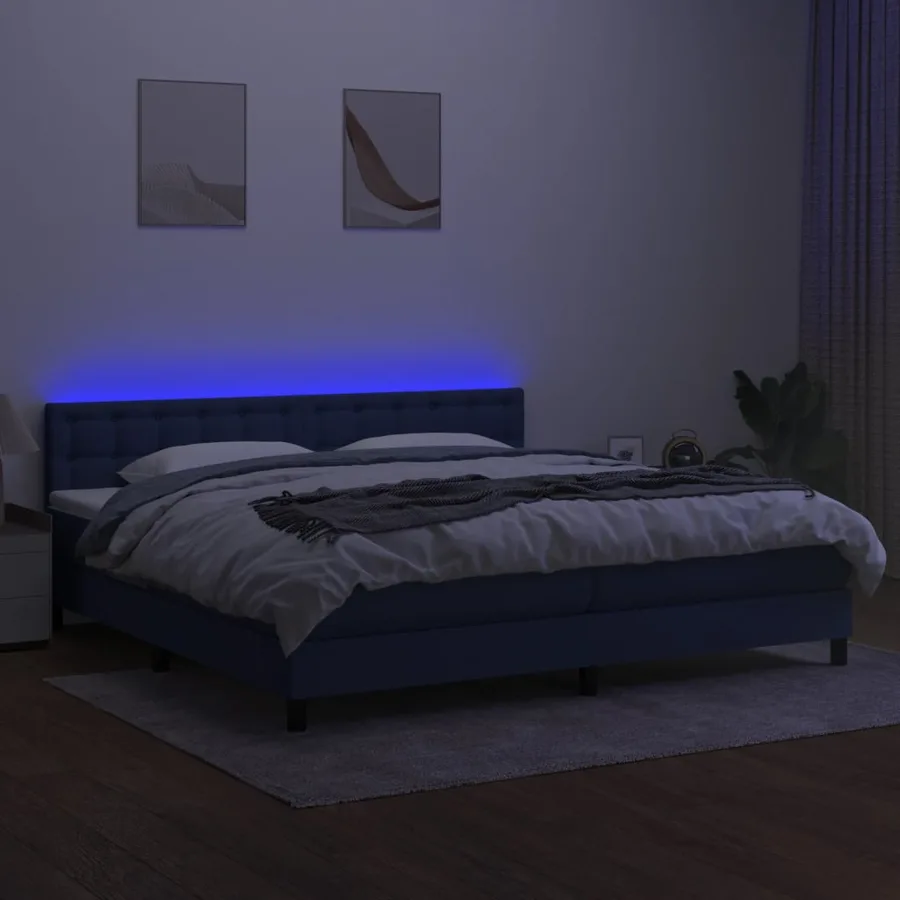Sommier à lattes de lit et matelas et LED Bleu 200x200 cm Tissu - 4