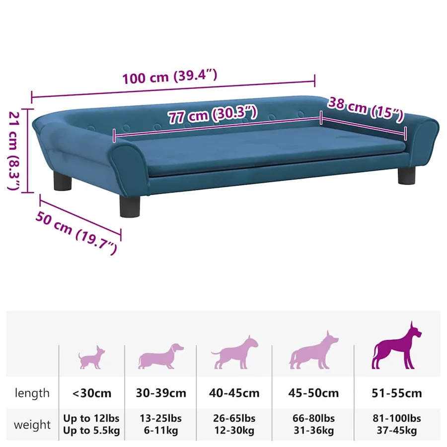 Lit pour chien bleu 100x50x21 cm velours - 7