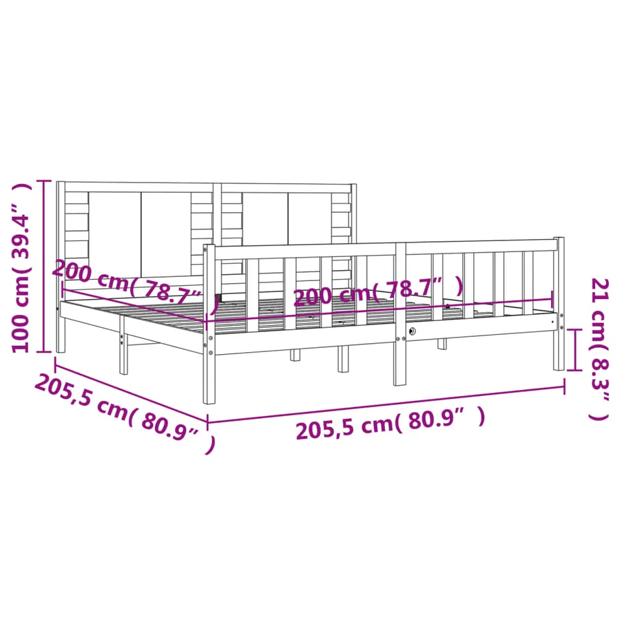 Cadre de lit sans matelas noir 200x200 cm bois massif de pin - 12