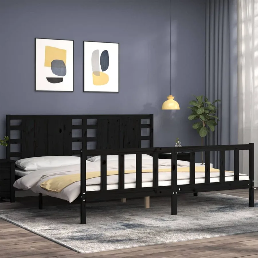 Cadre de lit sans matelas noir 200x200 cm bois massif de pin - 3