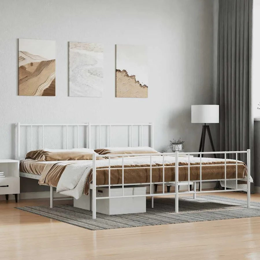 Cadre de lit métal sans matelas et pied de lit blanc 180x200 cm