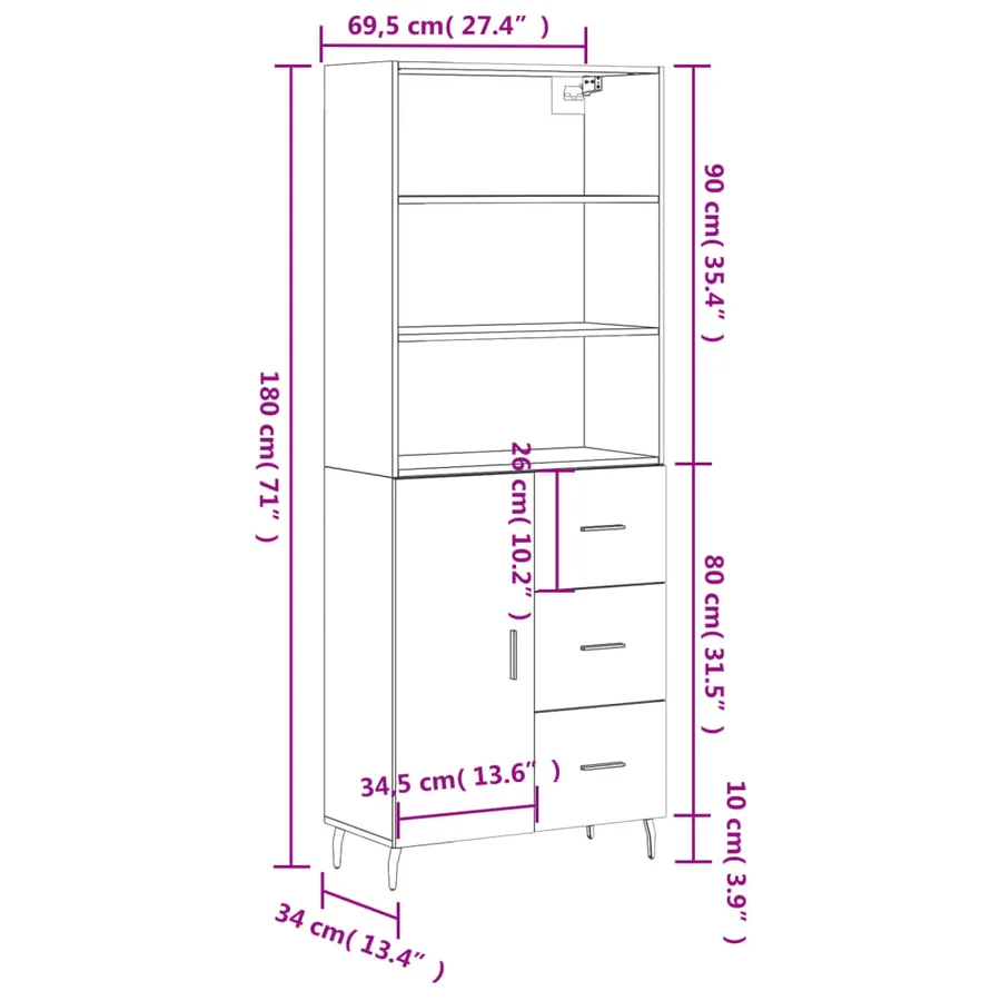 Buffet haut Sonoma gris 69,5x34x180 cm Bois d'ingénierie - 14