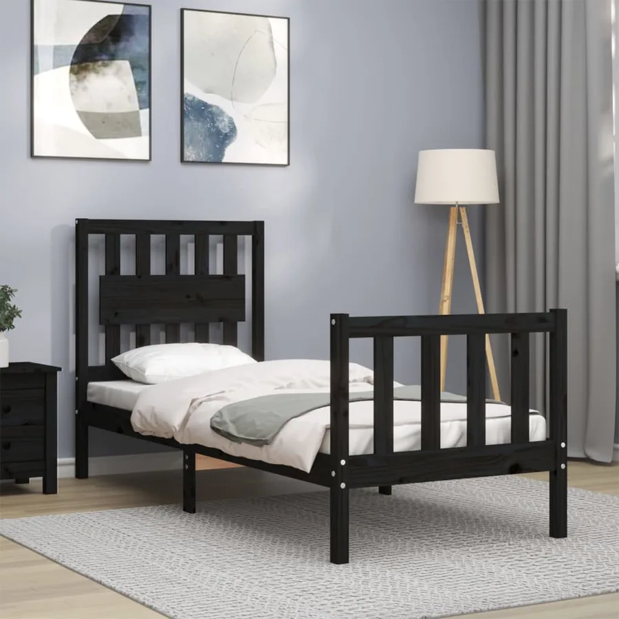 Cadre de lit sans matelas noir bois de pin massif - 4