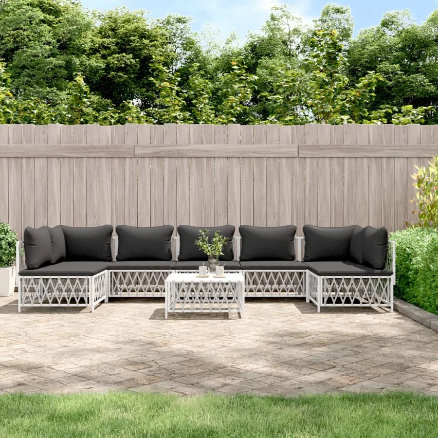 Salon de jardin 8 pcs avec coussins blanc acier