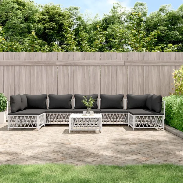 Salon de jardin 8 pcs avec coussins blanc acier