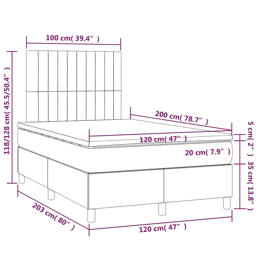 Sommier à lattes de lit et matelas et LED Noir 120x200 cm Tissu - 8