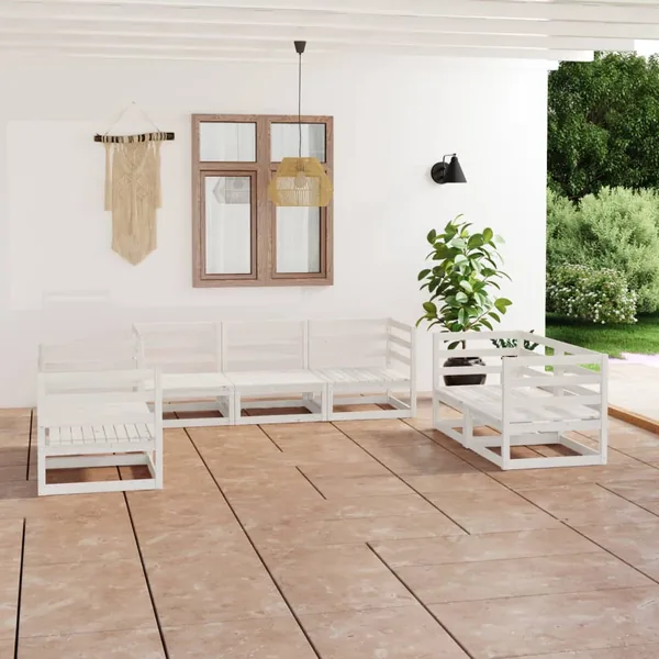 Salon de jardin 7 pcs Blanc Bois de pin massif