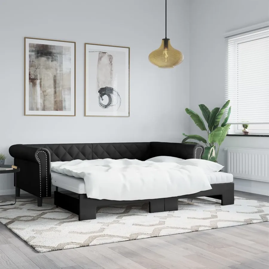 Lit de jour avec gigogne et matelas noir 90x200 cm similicuir