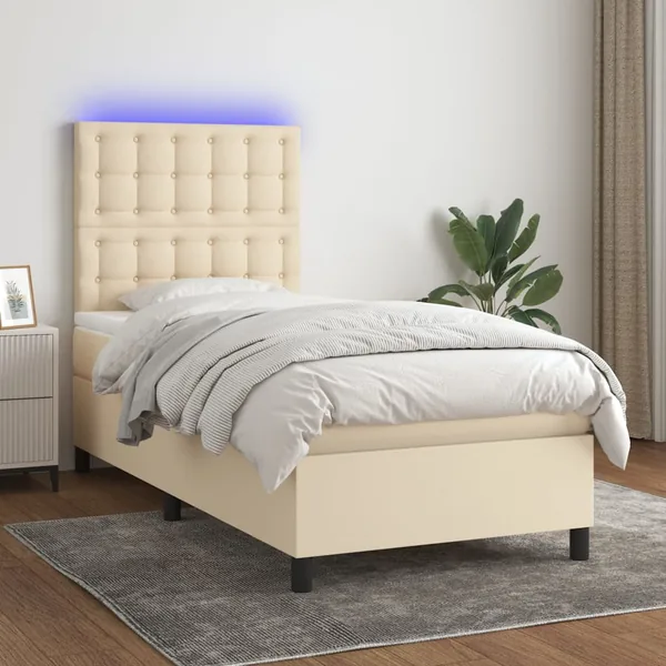 Sommier à lattes de lit et matelas et LED Crème 90x200 cm Tissu