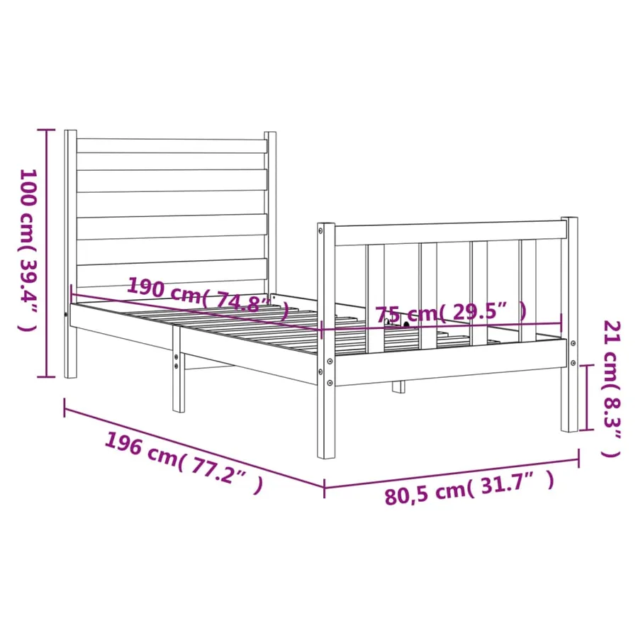 Cadre de lit sans matelas noir bois de pin massif - 12