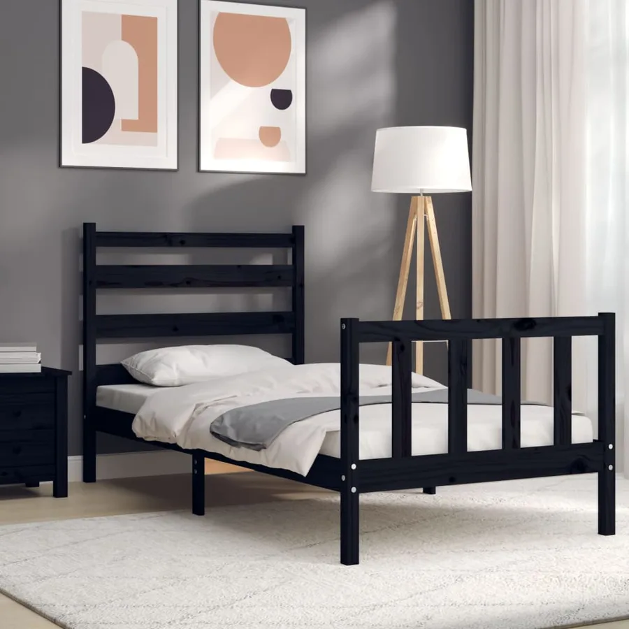 Cadre de lit sans matelas noir bois de pin massif - 4