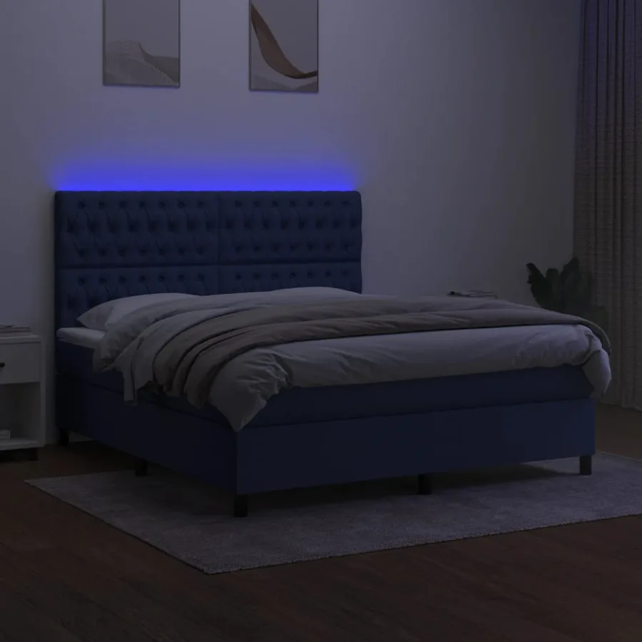 Sommier à lattes de lit et matelas et LED Bleu 160x200 cm Tissu - 4