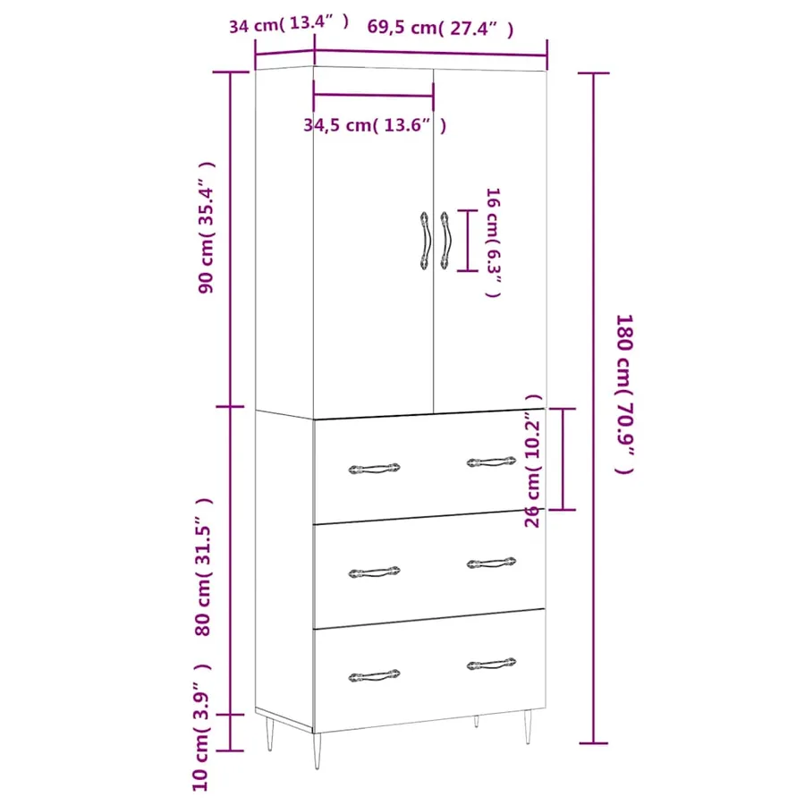 Buffet haut Sonoma gris 69,5x34x180 cm Bois d'ingénierie - 14