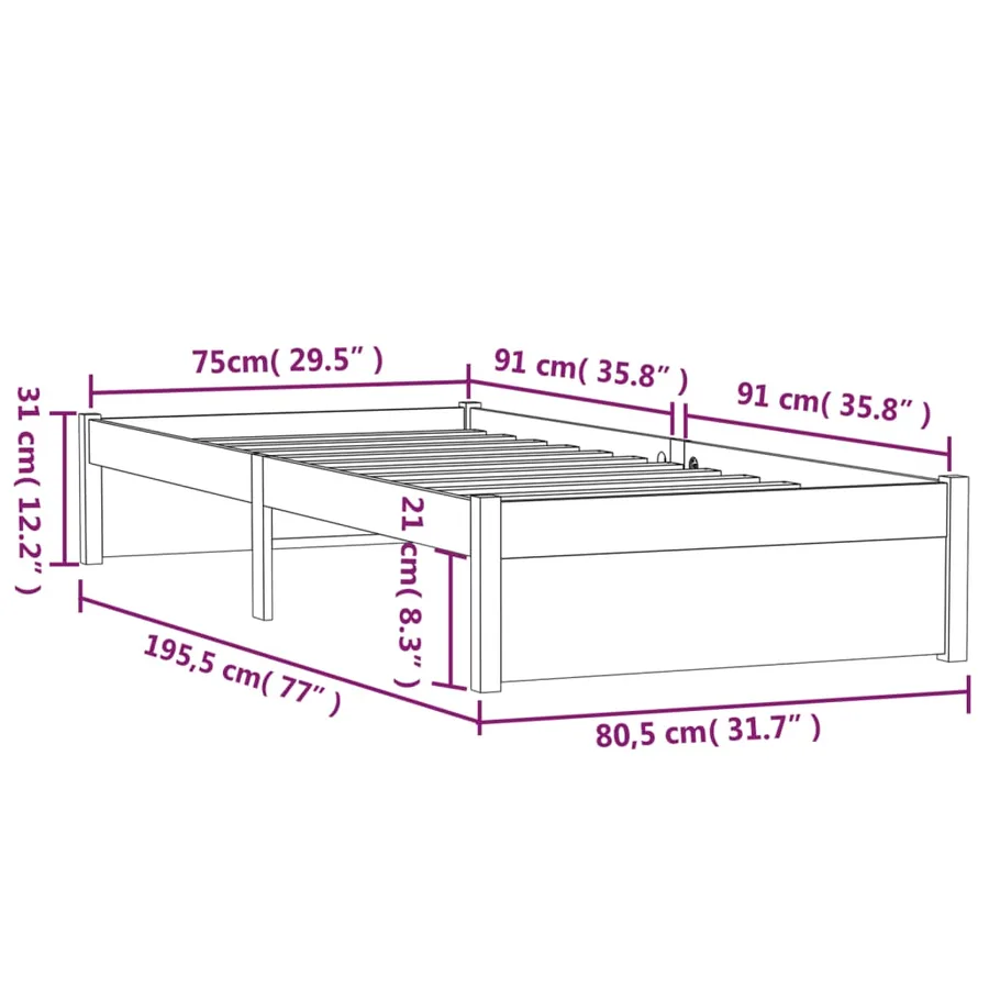 Cadre de lit sans matelas bois massif 75x190 cm - 10