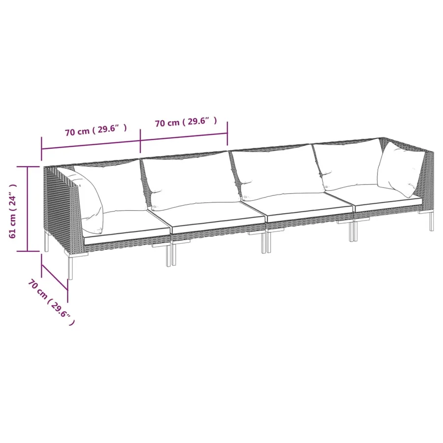 Salon de jardin 4 pcs avec coussins Résine tressée Gris foncé - 7
