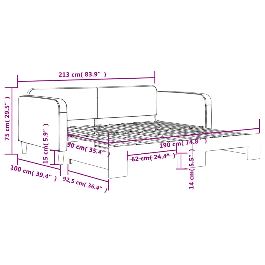 Lit de jour avec gigogne sans matelas gris foncé 90x190 cm - 11