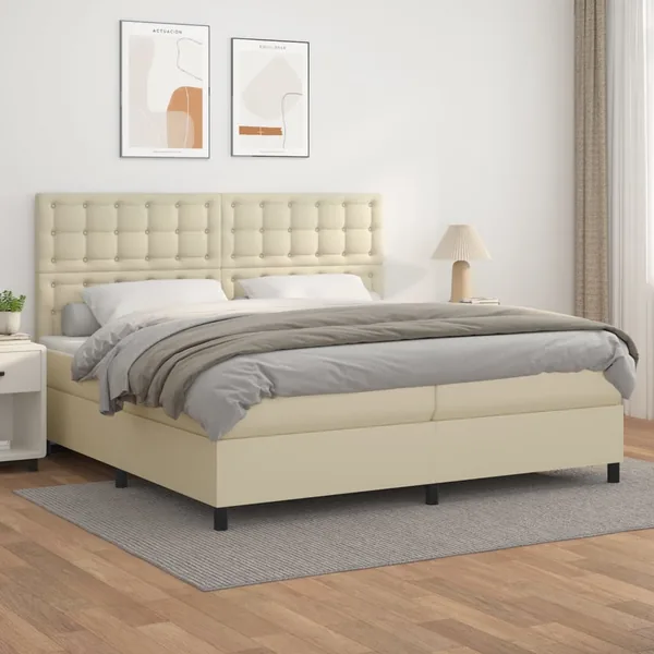 Sommier à lattes de lit avec matelas Crème 200x200cm Similicuir