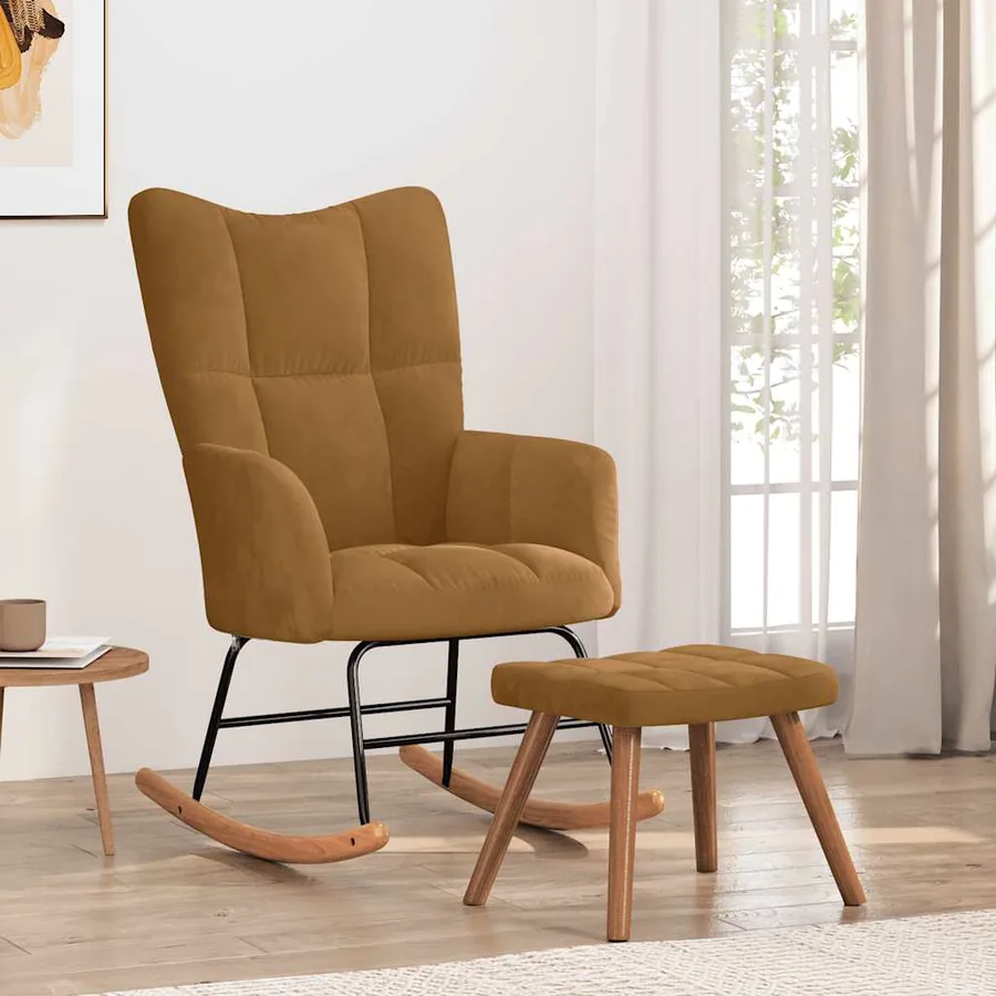 Chaise à bascule avec tabouret en velours marron