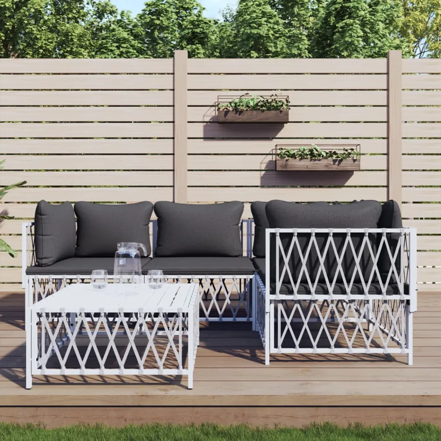 Salon de jardin avec coussins 5 pcs blanc acier