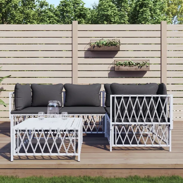 Salon de jardin avec coussins 5 pcs blanc acier