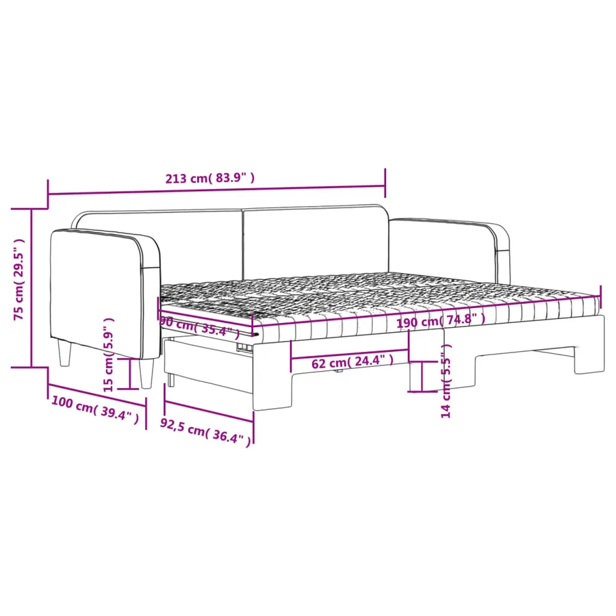 Lit de jour avec gigogne et matelas gris clair 90x190 cm tissu - 12