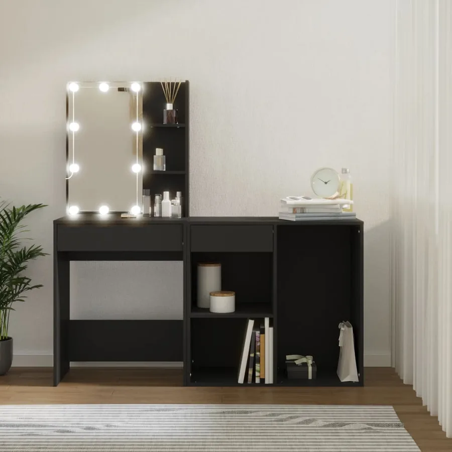 Coiffeuse à LED avec armoire noir bois d'ingénierie - 3