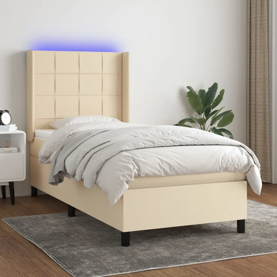 Sommier à lattes de lit matelas et LED Crème 90x200 cm Tissu