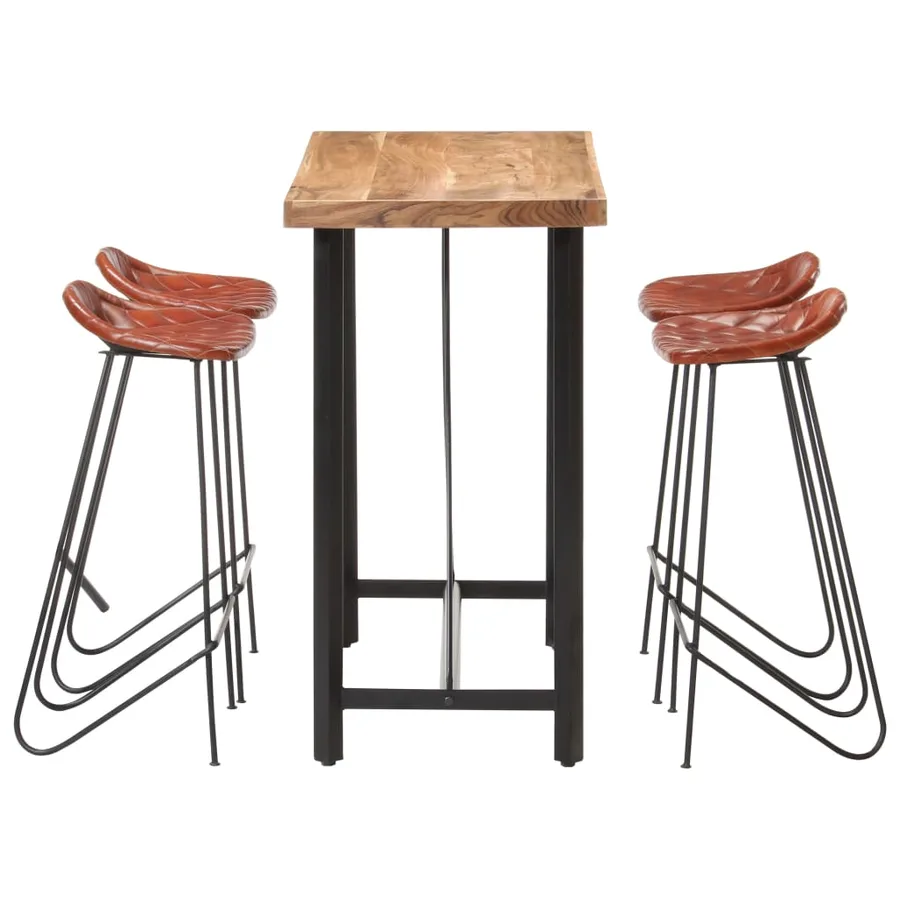 Ensemble de bar 5 pcs Bois solide et cuir véritable - 3