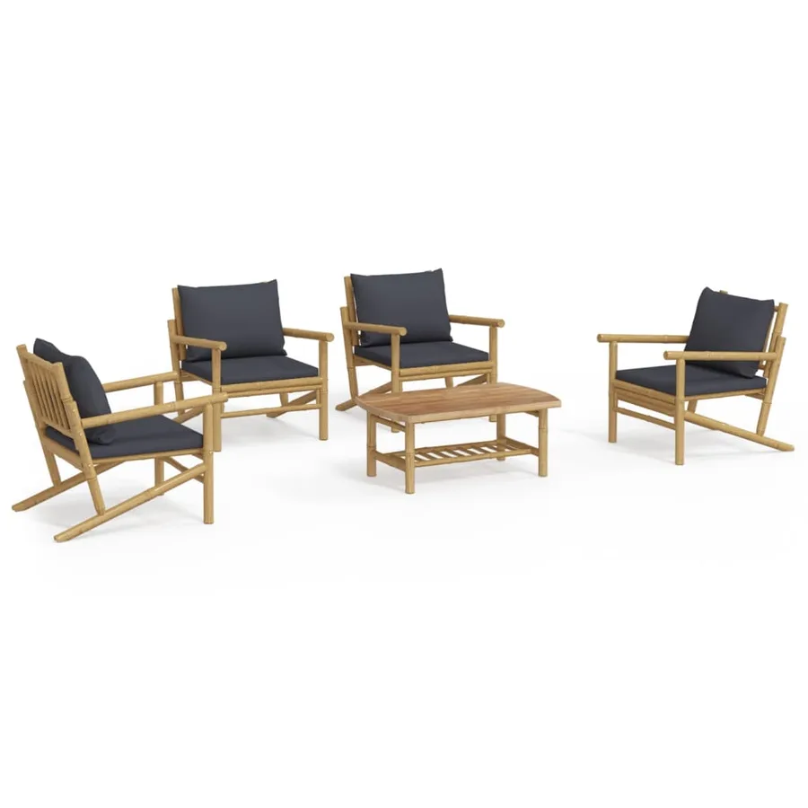 Salon de jardin 5 pcs avec coussins gris foncé bambou - 2