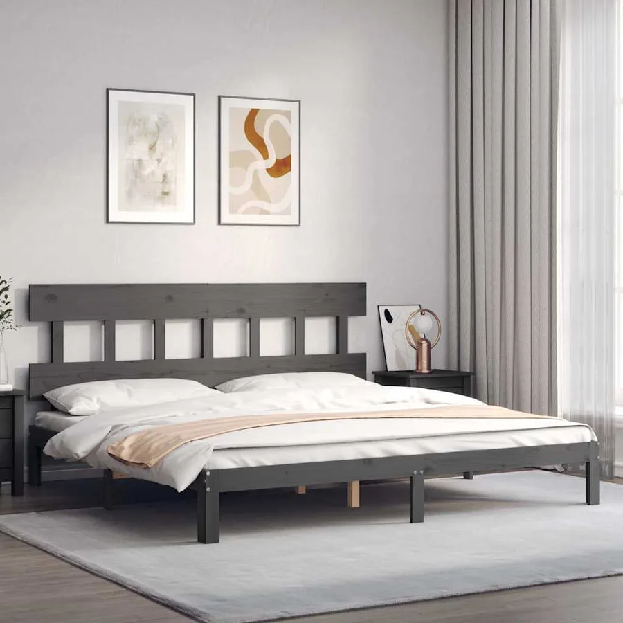 Cadre de lit sans matelas gris 200x200 cm bois massif de pin - 4
