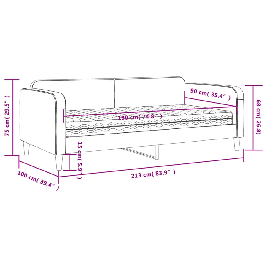 Lit de jour avec matelas noir 90x190 cm tissu - 12