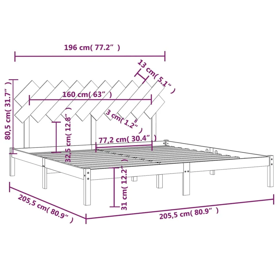 Cadre de lit sans matelas noir 200x200 cm bois massif - 6