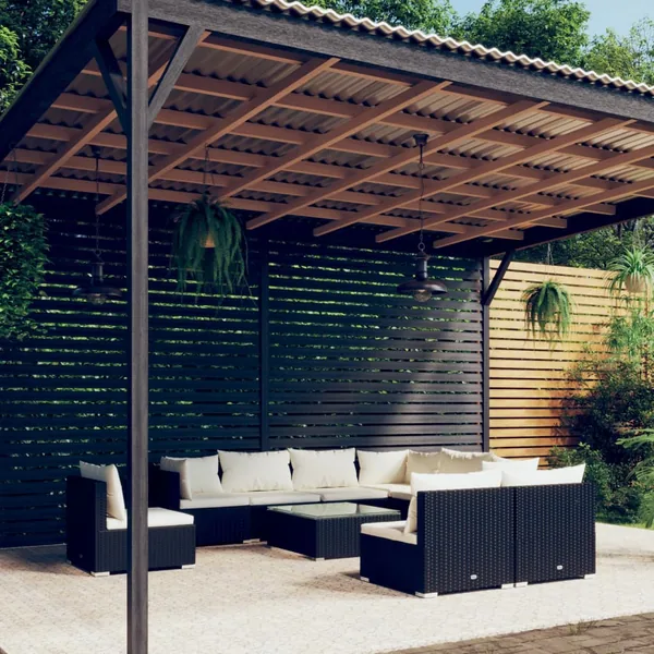 Salon de jardin 10 pcs avec coussins Résine tressée Noir