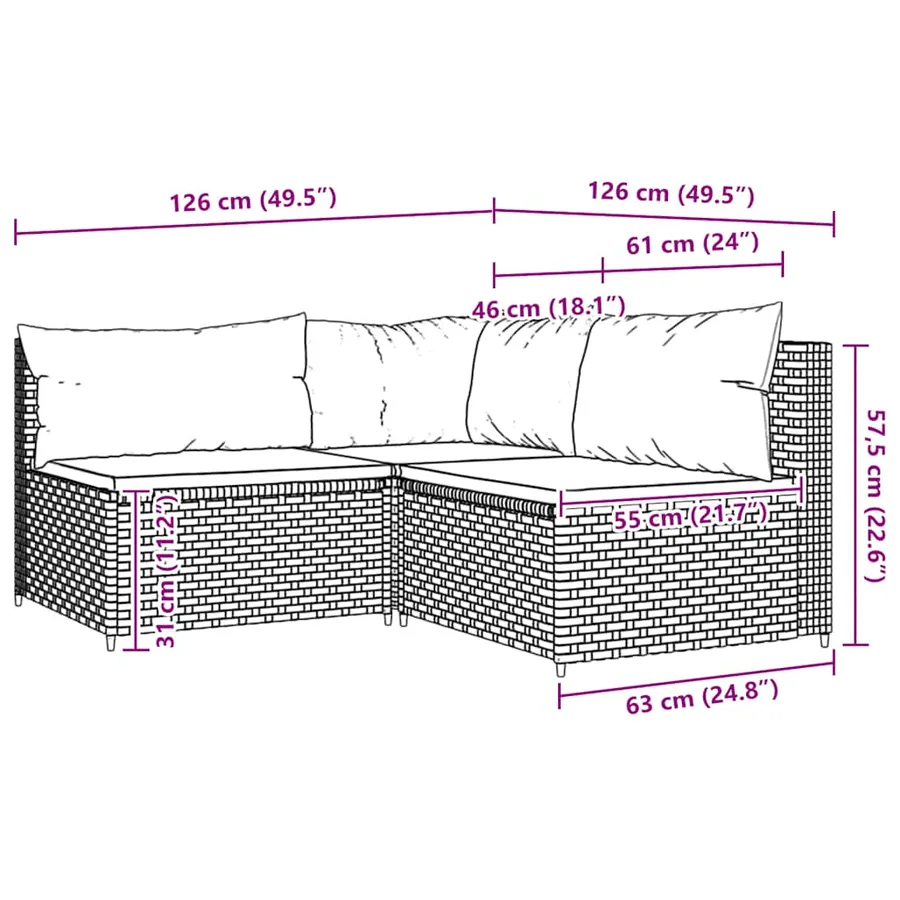 Salon de jardin 3 pcs avec coussins Gris Résine tressée - 9
