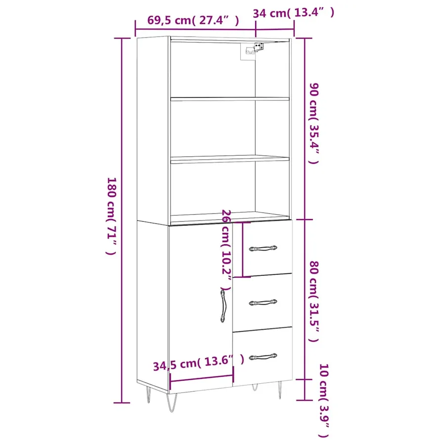 Buffet haut Noir 69,5x34x180 cm Bois d'ingénierie - 14