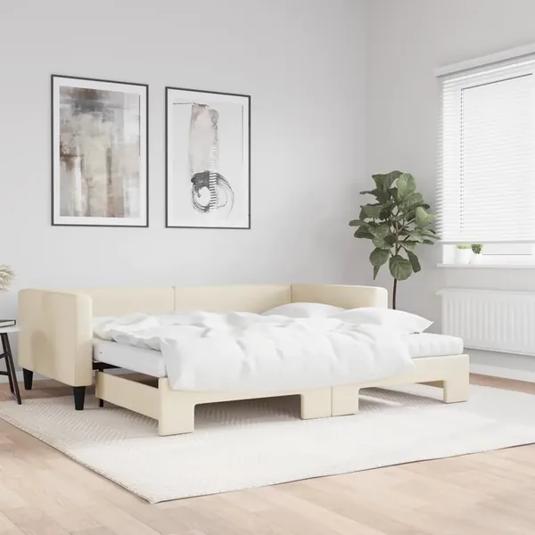 Lit de jour avec gigogne et matelas crème 100x200 cm tissu