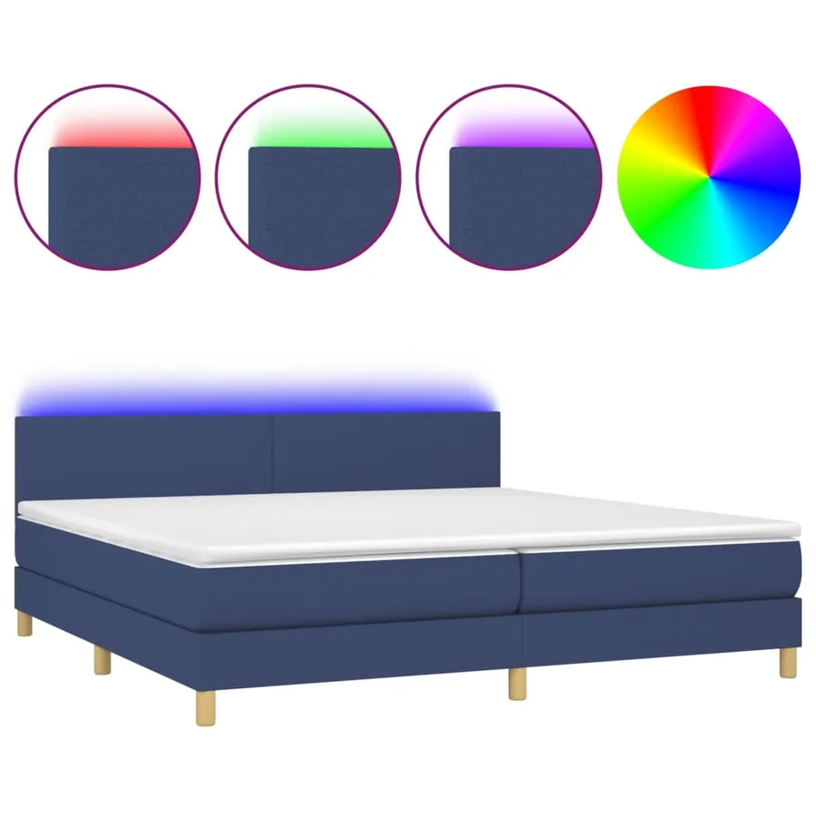 Sommier à lattes de lit et matelas et LED Bleu 200x200 cm Tissu - 2