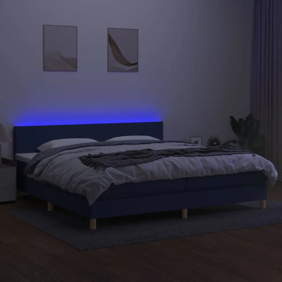 Sommier à lattes de lit et matelas et LED Bleu 200x200 cm Tissu - 4