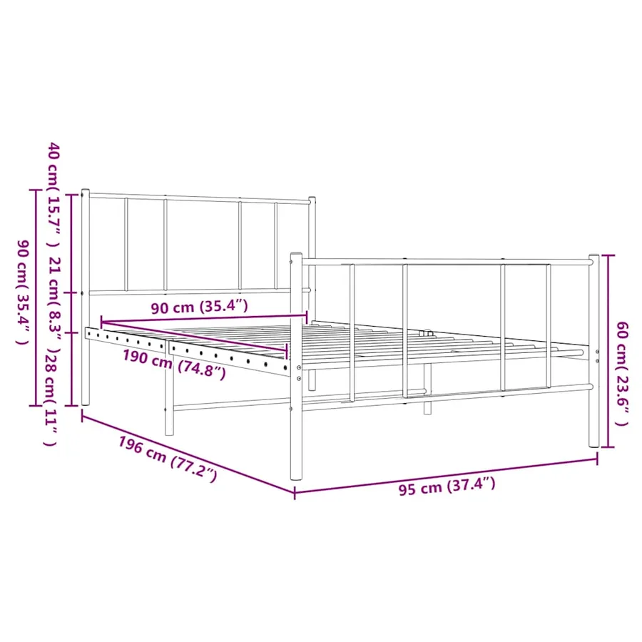 Cadre de lit métal sans matelas avec pied de lit blanc 90x190cm - 10
