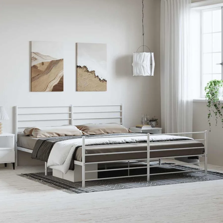 Cadre de lit métal sans matelas et pied de lit blanc 193x203 cm