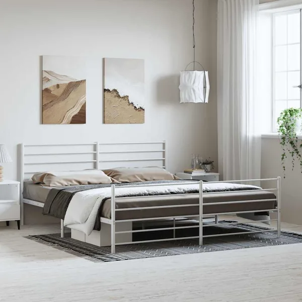 Cadre de lit métal sans matelas et pied de lit blanc 193x203 cm