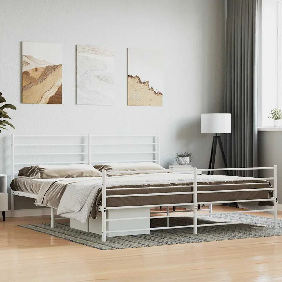 Cadre de lit métal sans matelas et pied de lit blanc 180x200 cm