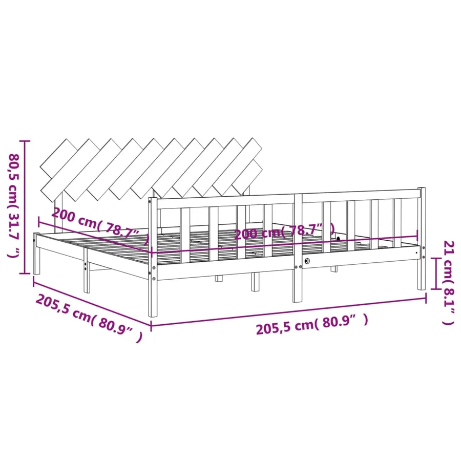 Cadre de lit sans matelas noir 200x200 cm bois massif de pin - 12