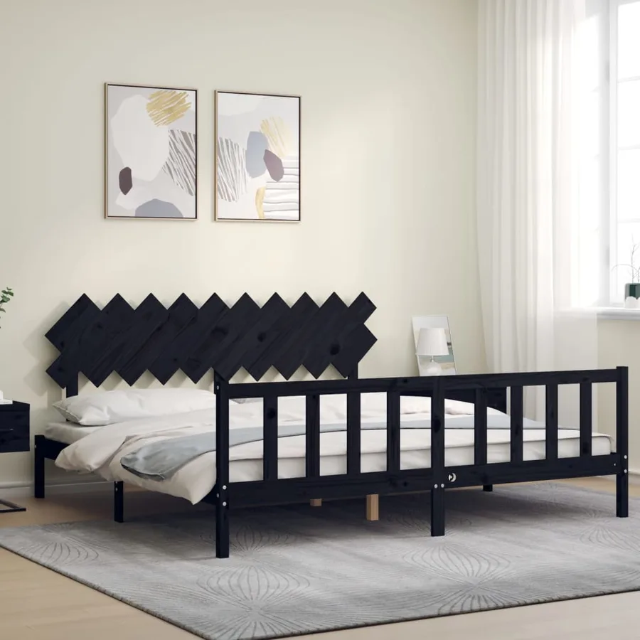 Cadre de lit sans matelas noir 200x200 cm bois massif de pin - 3