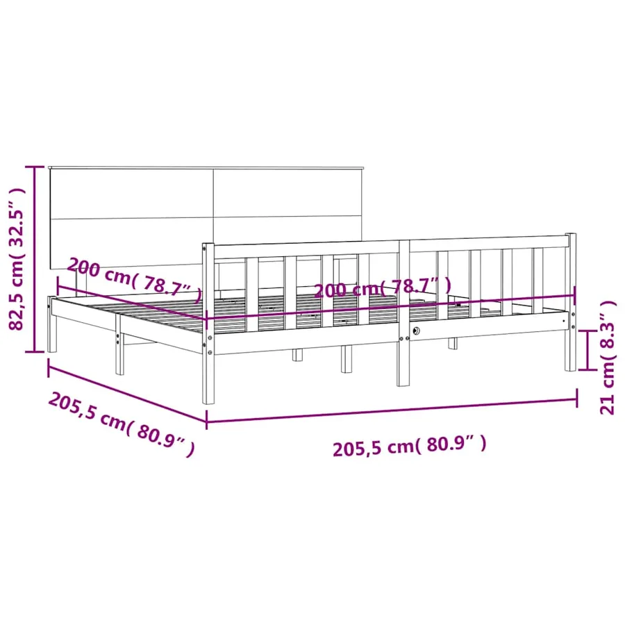 Cadre de lit sans matelas noir 200x200 cm bois massif de pin - 12