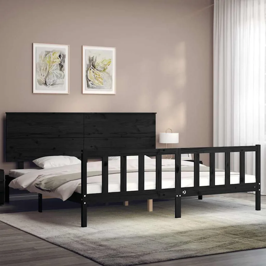 Cadre de lit sans matelas noir 200x200 cm bois massif de pin - 4