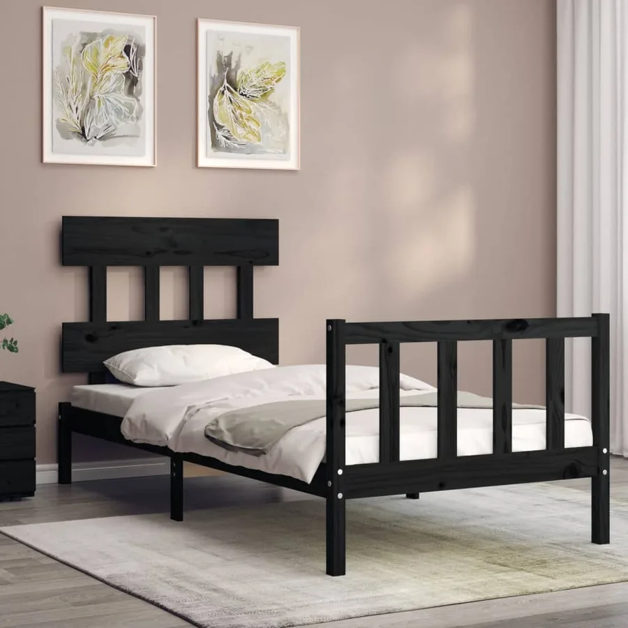 Cadre de lit sans matelas noir bois de pin massif - 3