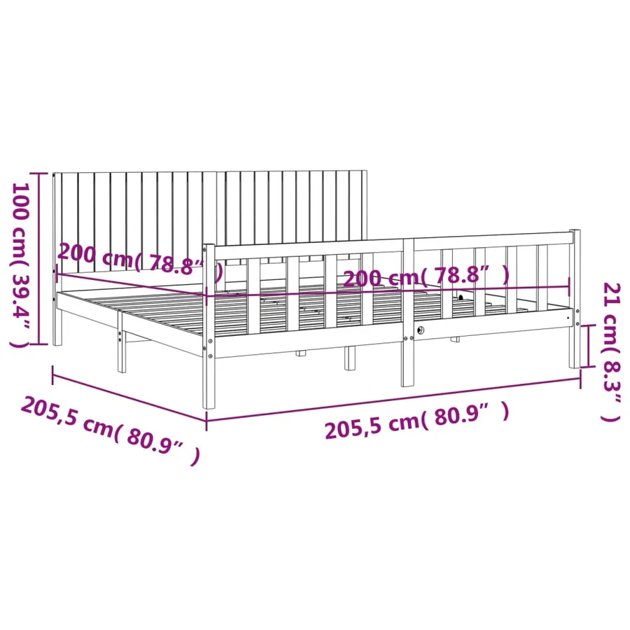 Cadre de lit sans matelas noir 200x200 cm bois massif de pin - 12